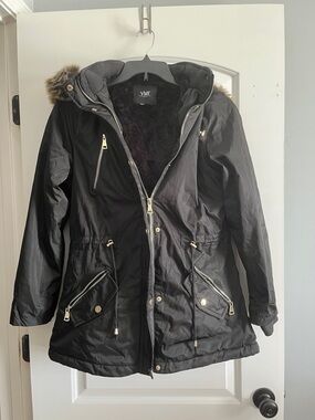 YMI Black Hooded Utility Jacket with Faux Fur Trim